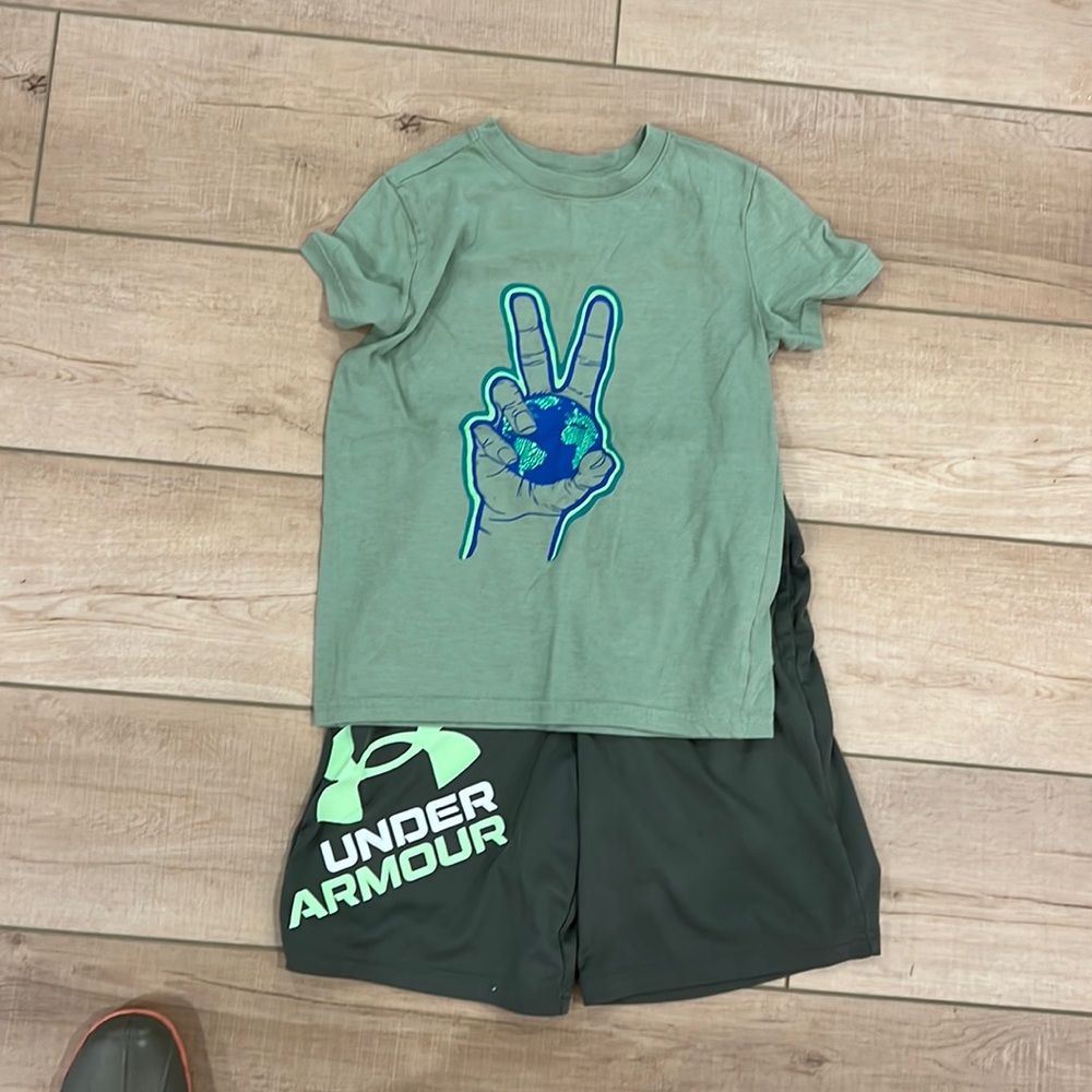 Under Armour shorts and cat and Jack top